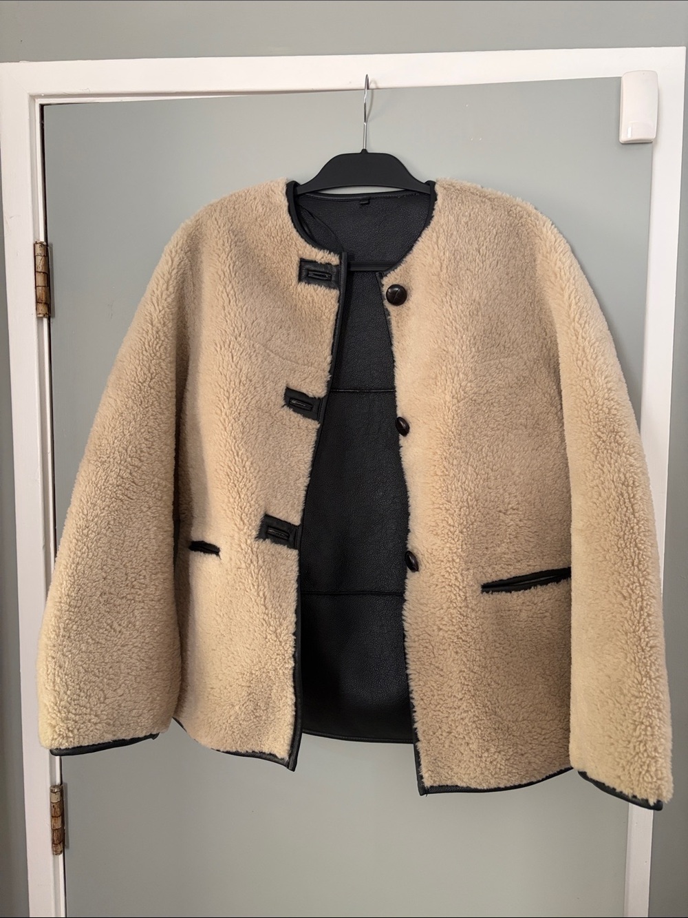 Mango - Contrast Faux Leather Trim Faux Fur Toggle Coat, size XS